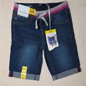 Vigoss Blue Denim Shorts with Silver and Pink Glitter Waistband